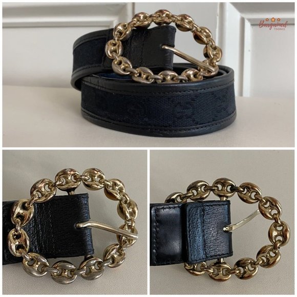 Authentic Gucci Black Monogram Canvas Leather Gold Chain Buckle Belt Size 85/34 - Picture 2 of 13
